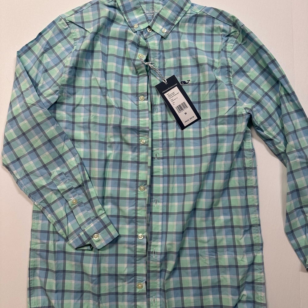 Vineyard Vines Blue and Green Boys Plaid Shirt - Performance Material